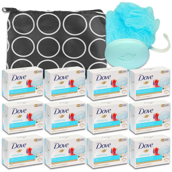 Dove Bar Soap Pack - Dove Bar Soap 12 Pack Bundle with Fig and Orange Blossom 3.5 Oz Clean Restoring Soap Bars Pack with Bonus Travel Bag and Loofah | Dove Body Wash for Women