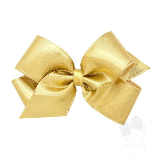 Wee Ones Metallic Overlay Girl's Hair Bow on a WeeStay No Slip Clip, Gold, Mini