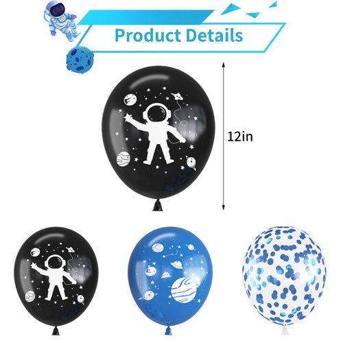 Space Party Balloons, 12 Inch Outer Space Themed Party Decorations Supplies Blue Black Confetti Latex Balloons Astronaut Planet Helium Balloons for Kids Boys Space Theme Birthday Baby Shower Party