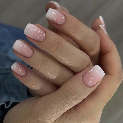 BAOYAALIN Pink White Gradient Press on Nails Short Square Ombre Fake Nails with Design Glue on Nails for Women Girls Acrylic False Nails Stick on Nails Press on Nail for Wedding 24Pcs