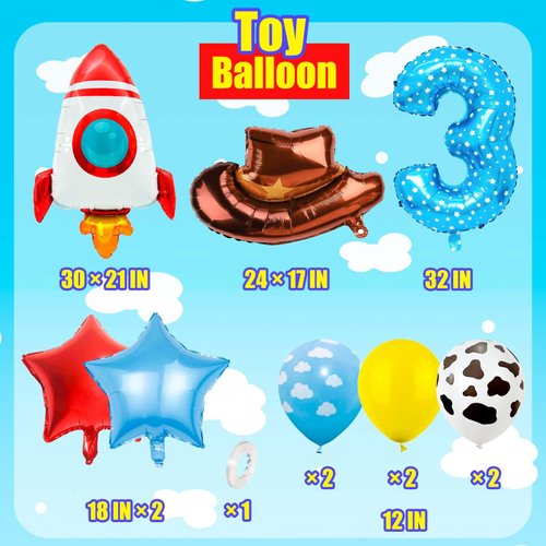 Toy Themed Number 3 Balloon, Happy Birthday Balloon, Colorful Balloons with Rocket Balloon and Cowboy Hat Balloon, Rainbow Balloons for Kids Birthday Party (3)