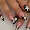 BAOYAALIN Medium Press on Nails Almond Shaped French Tips Black Fake Nails with Star Design Full Cover False Acrylic Glue Stick on Nail for Women Girls 24Pcs