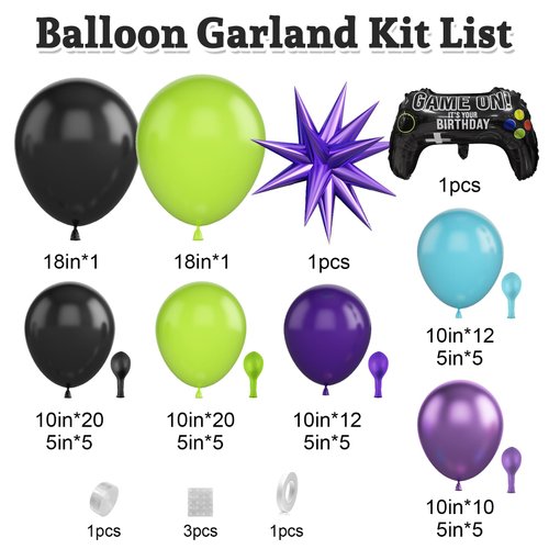 Video Game Balloon Arch Garland Kit, Teal Blue Purple Green Black Party Balloons with Game Handle Foil Balloons, Balloon Arch for Video Game Theme Birthday Party Boys Gamer Night Decor