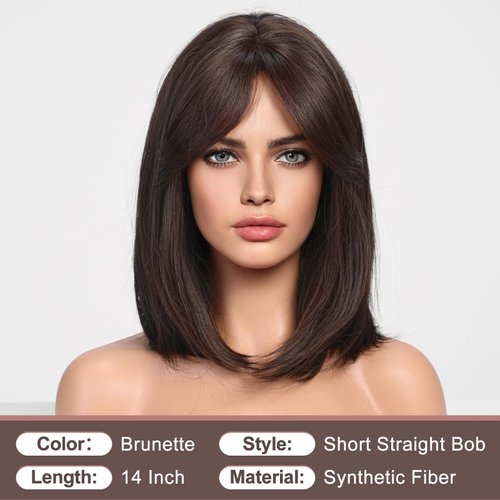HAIRCUBE Dark Brown Wigs for Woemn Straight Wig with Curtain Bangs Shoulder Length Natural Synthetic Wig for Daily Use