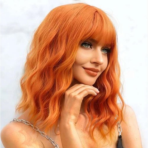 OTO BELLA 14Inch Short Bob Wavy Wig with Bangs for Women Loose Curly Shoulder Length Synthetic Cosplay Wig Bob for Girl Colorful Costume Wigs Orange Hair (14IN, Orange)
