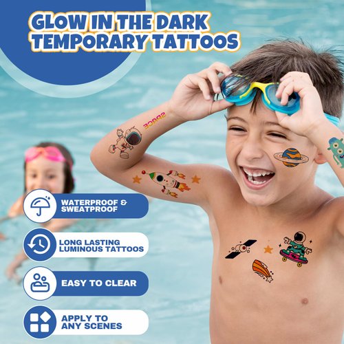 Yocieco Temporary Tattoo for Kids, 300+ Pcs Glow in the Dark Tattoos Kids Stickers, Luminous Party Supplies with Car/Dinosaur/Space/Butterfly Favors for Boys Girls