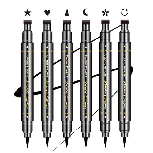 SUMEITANG 6 Pcs Double-headed Eyeliner Stamps Set Black Liquid Eye Liner Pen With Star,Moon,Heart,Flower,Smiley,Triangle Stamp Stencils Shapes for Women Makeup Kit Long-Lasting Waterproof Smudgeproof