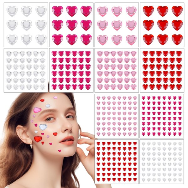 436 Pcs Heart Rhinestones Stickers Self Adhesive Heart Gems Sticker Acrylic Face Gem Stickers Stick on Gems Rhinestones for Face Hair DIY Crafts Jewelry Making (6/10/18mm)