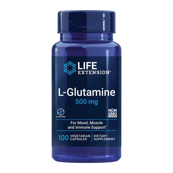 Life Extension L-Glutamine, 500 mg L-glutamine, amino acid, supports muscle health and immune health, gluten-free, non-GMO, 100 vegetarian capsules