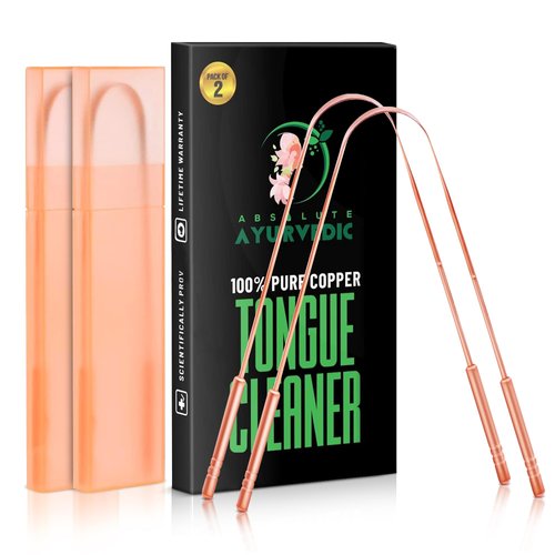 Absolute Ayurvedic Tongue Scraper Cleaner With Copper Metal | Dentist Recommended Tongue Cleaner For Oral Health and Fresh Breath | Oral Hygiene Kit For Adults | Pack of 2 with Travel Case