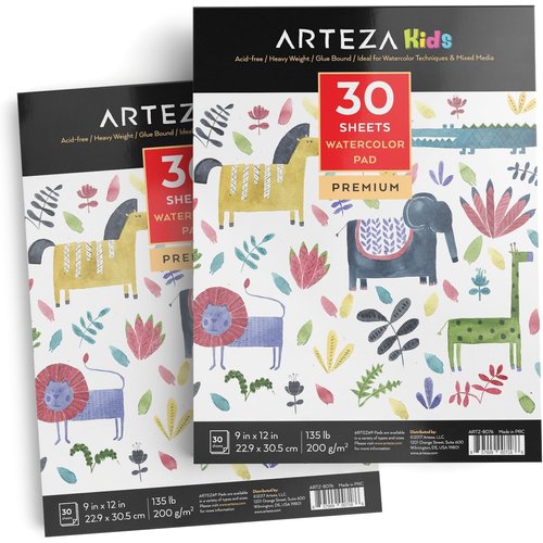 ARTEZA Watercolor Paper for Kids, 2 Pack, 30 Sheets Each, 9x12 Inches Water Pad, 135lb/200gsm, Glue Bound, Acid Free Kids Paper