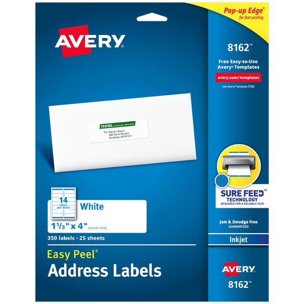 Avery Easy Peel Printable Address Labels with Sure Feed, 1" x 4", White, 350 Blank Mailing Labels (08162)