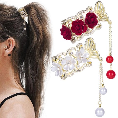 HINZIC 2pcs High Ponytail Hair Claw Clips, 2inch Rose Crystal Rhinestone Hair Clips Vintage Barrettes Cuff Chinese Hair Accessories for Thick Long Hair Bride Women Girls(White Red)