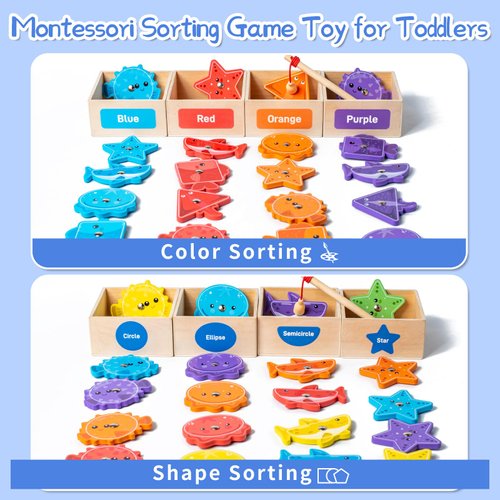 Smartwo Montessori Toys for Toddlers 1-3,Wooden Magnetic Fishing Game Educational Shape & Color Sorting for Kid 3-5,Boy Girl Preschool Learning Motor Skill Matching Activities Toys for Ages 2-4(Box)