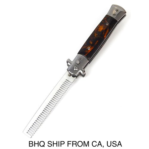 Metal Switchblade Pocket Folding Flick Hair Comb For Beard, Mustache, Head Brown Shell Color Handle