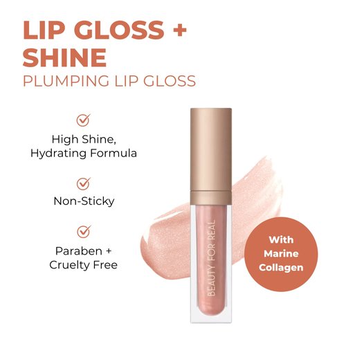 Beauty For Real Lip Gloss + Shine, Starlust - Champagne Pink Metallic - Non-Sticky Plumping & Hydrating Gloss - Light & Mirror In Cap - Contains Marine Collagen - 0.15 fl oz