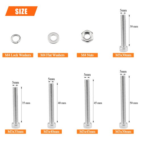 HELIFOUNER 110 Pieces M5 x 30mm /35mm /40mm /45mm /50mm, Hex Socket Head Cap Metric Screws Bolts Washers Nuts Kit, 304 Stainless Steel