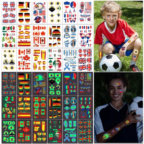 Glow In The Dark 9 Countries National Flag Temporary Tattoo, 36 Sheets American Canada Mexico Bra...