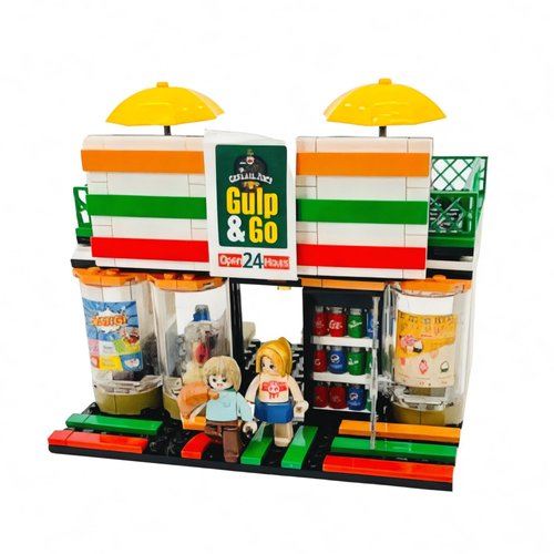 General Jim's 'Gulp & Go' Modular Convenience Store & Gas Station Building Blocks Set – 320-Piece Urban Street Corner Kit with Accessories, Treats & 2 Figurines – Compatible with Major Brick Brands