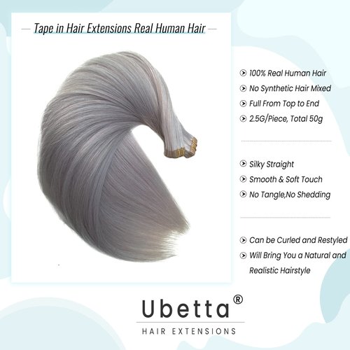 Tape in Hair Extensions Human Hair, Platinum Silver Hair Extensions Real Human Hair Tape ins Extensions for Women, 20 Pcs Tape in Hair Extensions Human Hair 20 Inch Invisible Double Sided Tape Hair