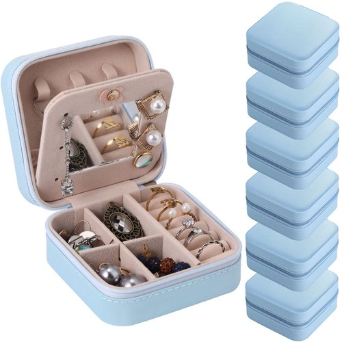 Hillban Bridesmaid Gifts Jewelry Box with Mirror, PU Leather Bridesmaid Proposal Small Travel Jewelry Case Jewellery Organizer Storage Earrings Rings Necklaces for Women Girls(Blue,6 Pcs)