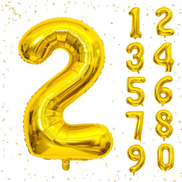 40 Inch Gold Number Balloons, Helium Mylar Foil Number Balloons for Birthday, Number 2 Balloon for 2st Birthday Decorations for Kids, Anniversary Party Decorations Supplies