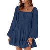 Dokotoo Spring Dresses for Women 2023 Square Neck Tie Backless Sexy Dress Long Lantern Sleeve Ruffle A-Line Mini Dress Shirred Elastic Waist Dark Blue Casual Dress Medium