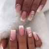 SINSEN Pink Square Fake Nails French Tip Press on Nails Medium Length, 24Pcs White Flower Glue on Nails With Rhinestones Glossy Medium Square Acrylic Nails