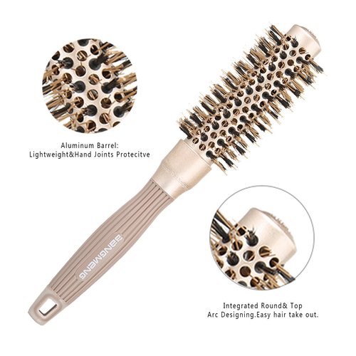 BANGMENG Round Brush with Boar Bristles, Round Barrel Brush for Blow Drying, Nano Thermal Ceramic Ionic Tech, For Straightening & Drying (1 inch Barrel, 2.25 inch with Bristles) Gold