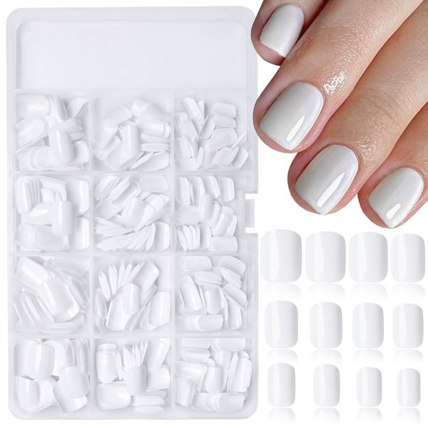 LoveOurHome Square Press-On Nails, 360pcs, Short, White, ABS, Full Cover, Glossy, False Nails & Glue for Women/Girls