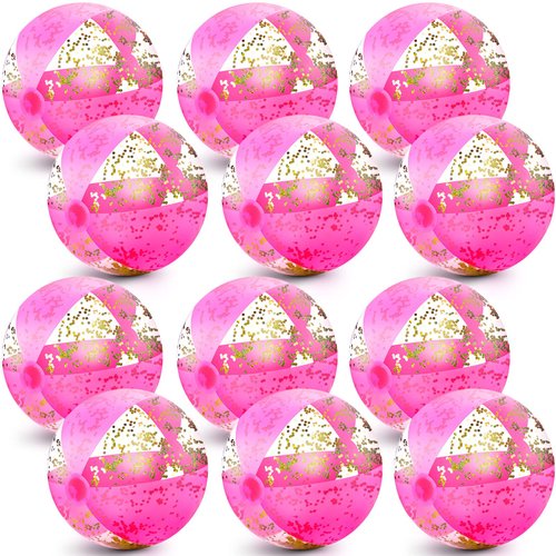 Chivao 12 Pieces Beach Ball 16 Inch Inflatable Glitter Beach Ball Swimming Pool Balls Christmas Inflatable Ball Ornaments Floatable Confetti Ball for Beach Party Xmas Party Favor(Pink)