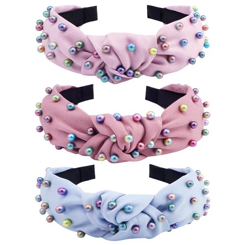 COCIDE 3 PCS Headbands for Women Colorful Pearls Knotted Headbands for Girls Cross Knot Twisted Hairband Turban Hair Band Hair Accessories Gift for Women (Purple,Pink,Blue)