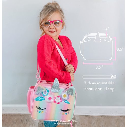 mibasies Unicorn Lunch Bag Kids Insulated Lunch Box for Girls with Water Bottle Holder and Shoulder Strap (Pink Blue Rainbow)