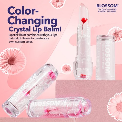 Blossom Moisturizing Custom Color Changing Crystal Lip Balm, Strawberry Scented, Lip Stain Tint, Infused with Real Flowers, 3g, Pink