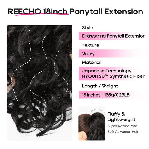 REECHO Ponytail Extension, 18 inch Drawstring Ponytail Hair Extensions Long Curly Wavy Clip in Pony Tail Synthetic Hairpiece for Women, Black Brown