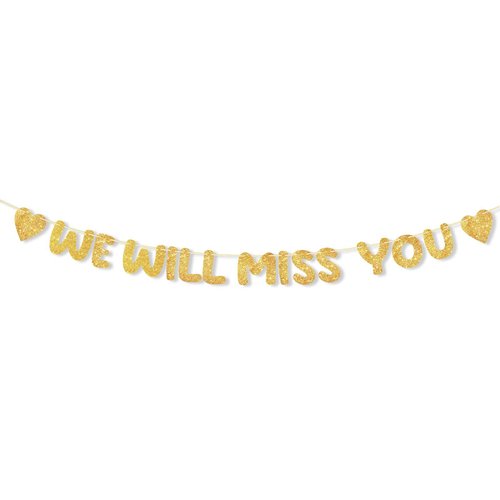 We Will Miss You Banner, Pre-Strung No DIY Glitter Bunting Banner Going Away Party Decorations for Office Work Farewell Goodbye Retirement Graduation Party Decorations Supplies (Gold)
