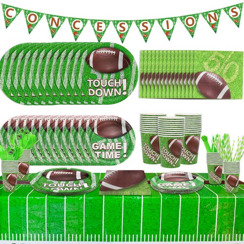 PIXHOTUL Football Party Decorations, Including Plates, Cups, Napkins, Spoons, Knives, Forks, Tablecloth, Banner for Game Day and Football Birthday Party Supplies, 182Pcs, Serves 20 (A)