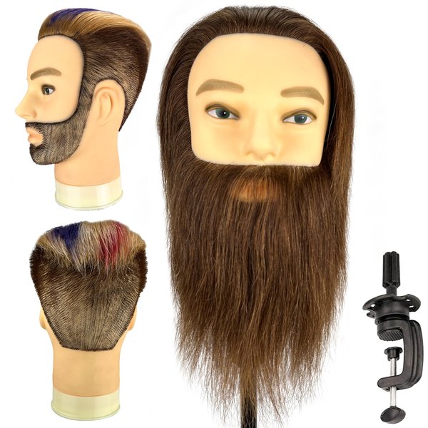 Male Mannequin Head with Beard 100% Real Human Hair Haircut Training Head for Cosmetology Straight Thick Hair Manikin Head Doll Head with Stand Practice Cutting Styling,Barber Shop,Cosmetology School