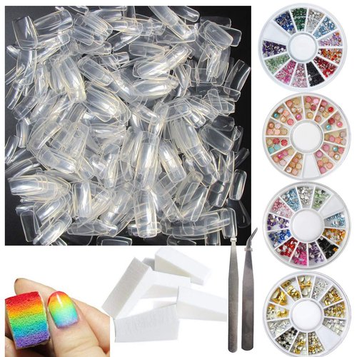500pcs Fake Nail Tips Full Cover Square Clear Acrylic False Nails Kit with Decoration rhinestones, Polish Transfer Soft Sponge Manicure Tools for Teens Women Girls Fingernail DIY Design (Bi005A)