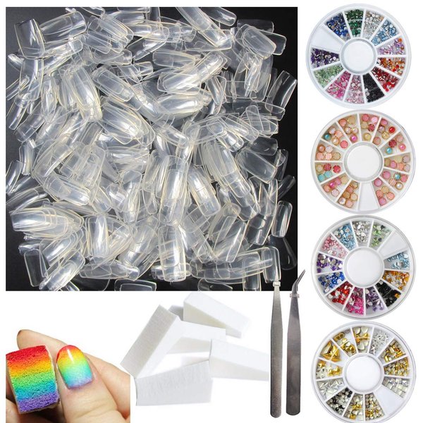 500pcs Fake Nail Tips Full Cover Square Clear Acrylic False Nails Kit with Decoration rhinestones, Polish Transfer Soft Sponge Manicure Tools for Teens Women Girls Fingernail DIY Design (Bi005A)