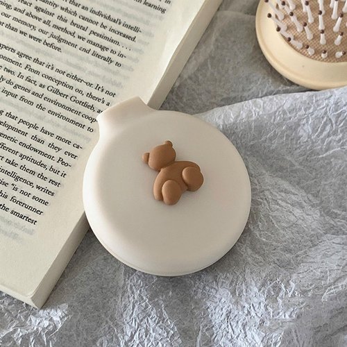 Tissting Hair Brush with Mirror, 7.5cm Round Mini Folding Comb Cute Bear Decor Pop Up Travel Cushion Hairbrush for Women Girls(White)