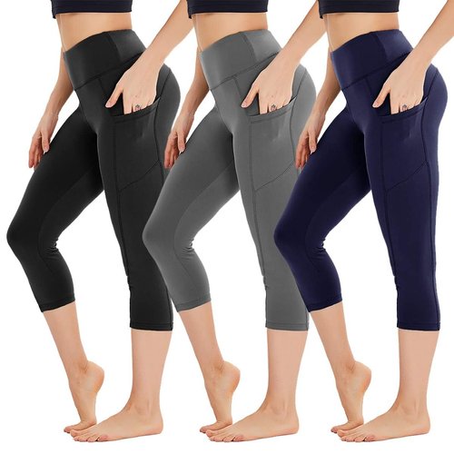 HIGHDAYS 3 Pack Capri Leggings for Women with Pockets - High Waist Workout Running Yoga Pants(Black/Gray/Navy Blue,S)
