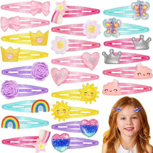 Hanaive 24 Pcs Rainbow Unicorn Clips Metal Clips Butterfly Snap Barrettes Cute Mermaid Hair Pins Sparkly Animal Hair Accessories for Toddlers Little Girls Birthday Party Gifts(Lovely Pattern)