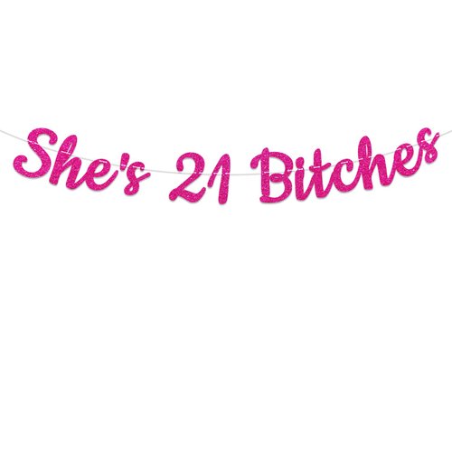 Hot Pink Glitter She's 21 Bitches Banner, Cheers to 21 Years, 21st Birthday Decorations, Finally 21, 21st Birthday Anniversary Party Supplies