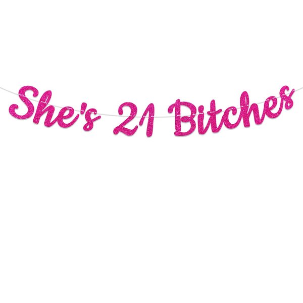 Hot Pink Glitter She's 21 Bitches Banner, Cheers to 21 Years, 21st Birthday Decorations, Finally 21, 21st Birthday Anniversary Party Supplies