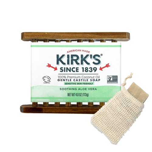 Kirks Castile Premium Coconut Oil Bar Clean Soap Bundle - Includes 1 Kirk's Coco Soap Soothing Aloe Vera Bar, Bamboo Soap Holder, Sisal Soap Bag, DIY Laundry Detergent Stain Remover Recipe with