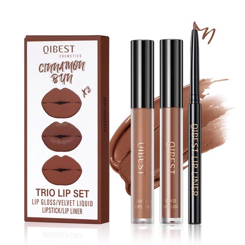 QIUFSSE 3 in 1 Brown Lip Gloss and Lip Liner Lipstick Set Nude Lip Liner Set Long-lasting Nonstick Cup Lip Kit Moisturizing Lip Set for Women (05# Whiskey Honey)