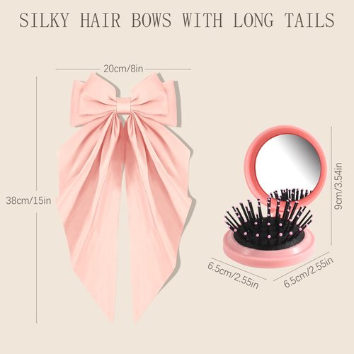 4PCS Hair Bows for Women and Girls, Big Bows for Hair and Travel Hair Brush, Silky Satin Ribbon Bow Hair Metal Clip with Oversized Long Tail