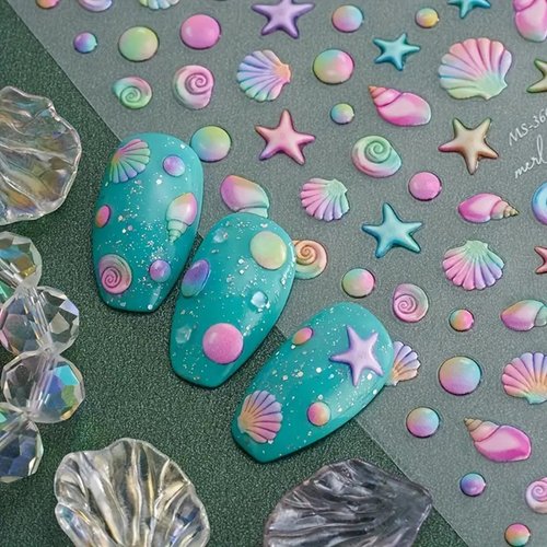 Summer Nail Art Stickers Colorful Shells 5D Embossed Nail Stickers Self-Adhesive Nail Art Supplies Decals Sea Beach Conch Starfish Summer Nail Art Accessories for Women Girls Nails Art Decorations
