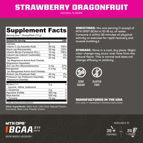 MTN OPS BCAA 2:1:1 Amino Acids Supplement Powder for Rapid Muscle Recovery & Repair with Zero Sugar & Gluten Free, 30 Servings (Strawberry Dragonfruit Trail Packs)